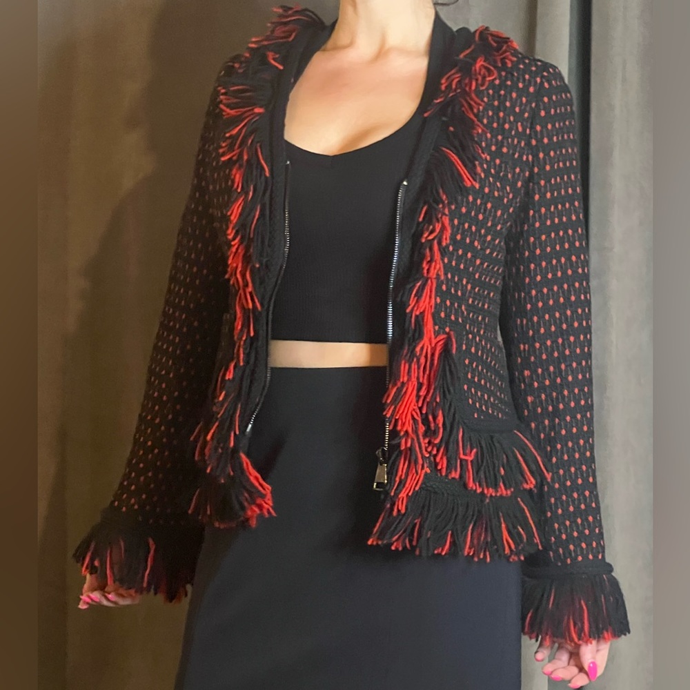 Tracy Reese red and black yarn fringe zip up jacket - medium